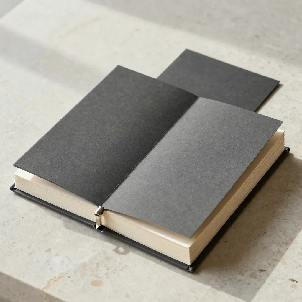Overhead flatlay of an audit dossier with tabbed pages, a clip, and a charcoal card on pale stone.
