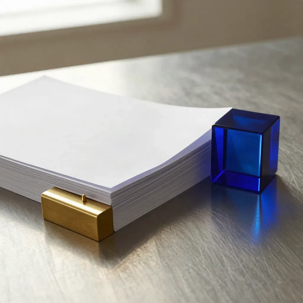 Brass paperweight, blue glass cube, and audit sheets on brushed metal