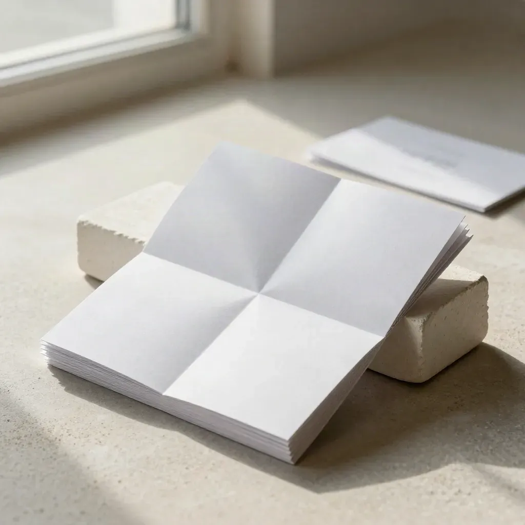 Half-open homepage wireframe packet against a pale stone slab with a small plaster block