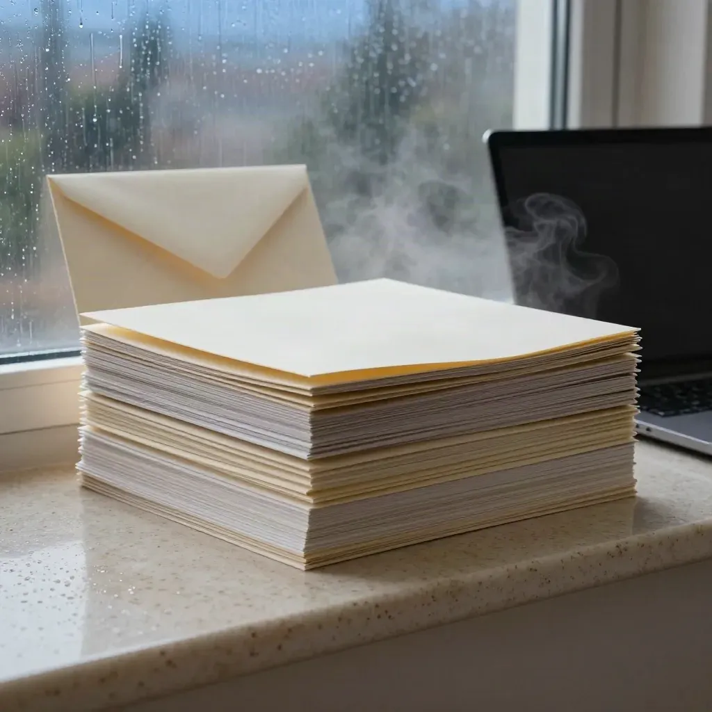 Cream audit folio stack with laptop, envelope and notebook in soft dawn rain mist