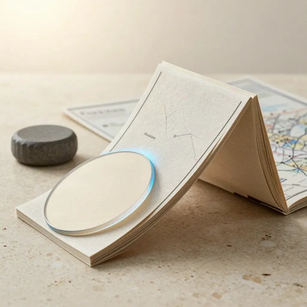 Macro of folded strategy map, ivory disk and stone weight on travertine with blue edge light.
