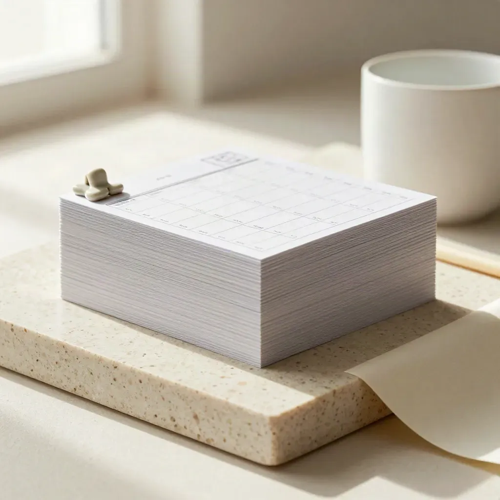 Top-down stack of monthly planning cards with a ceramic cup and pale stick on pale travertine.