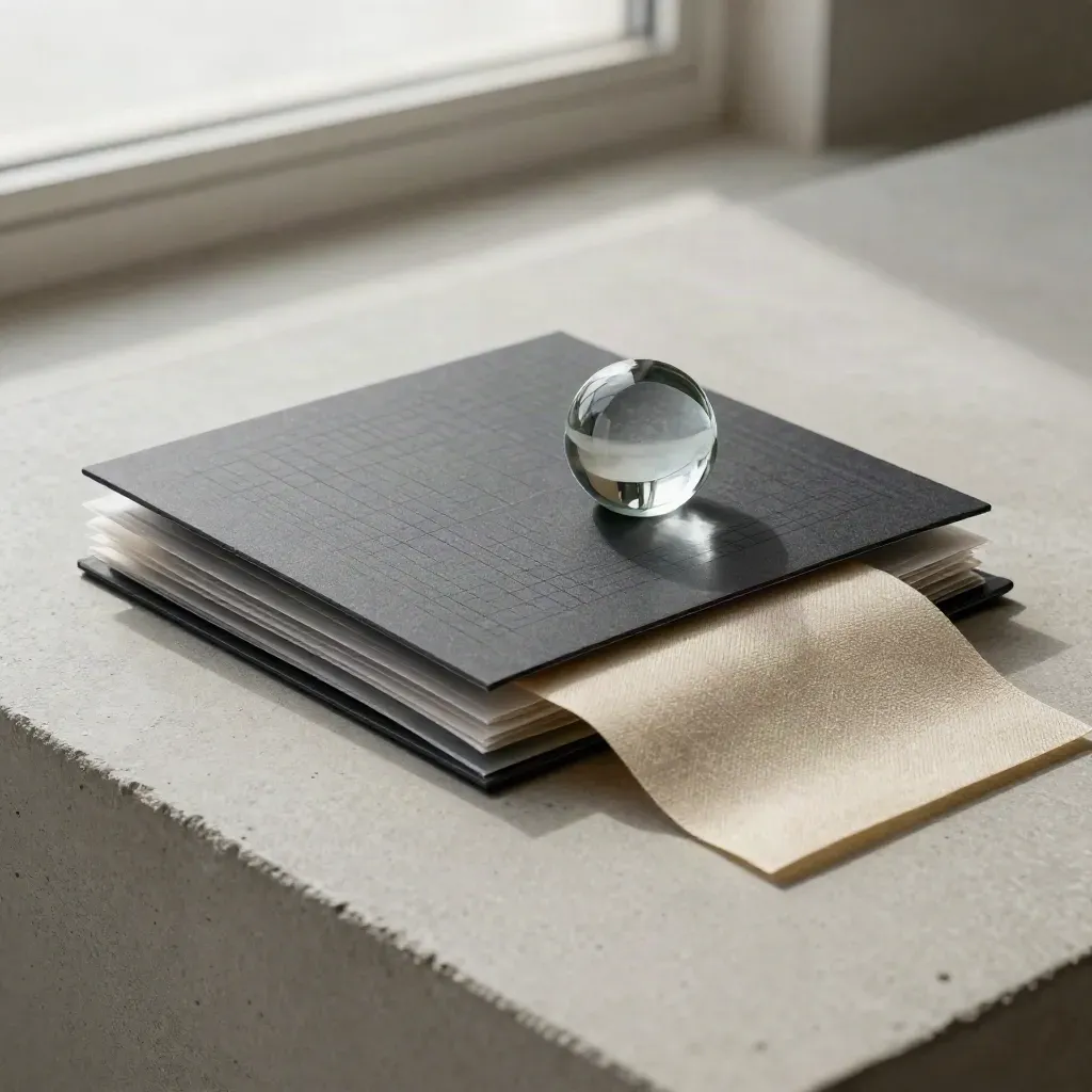 Analytics packet, glass paperweight and linen swatch aligned on pale concrete in cool editorial light.