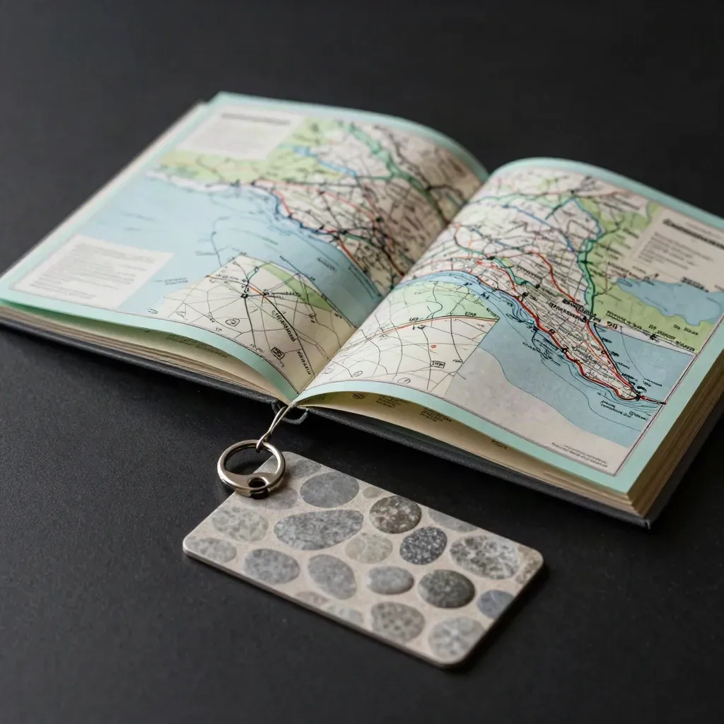 Folded roadmap booklet, small key card, and stone tile on a dark studio surface