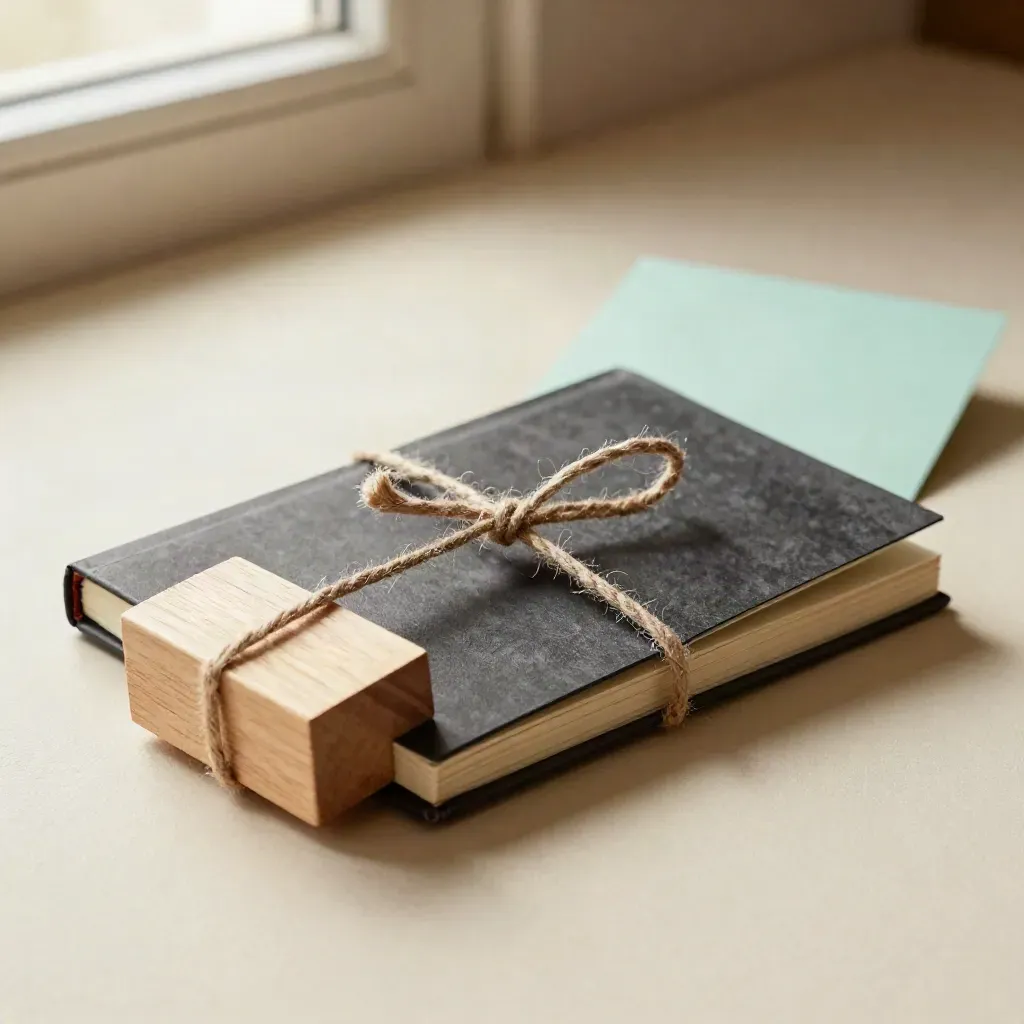 Twine-tied growth roadmap bundle, wood block, and closed notebook on pale plaster in soft light.