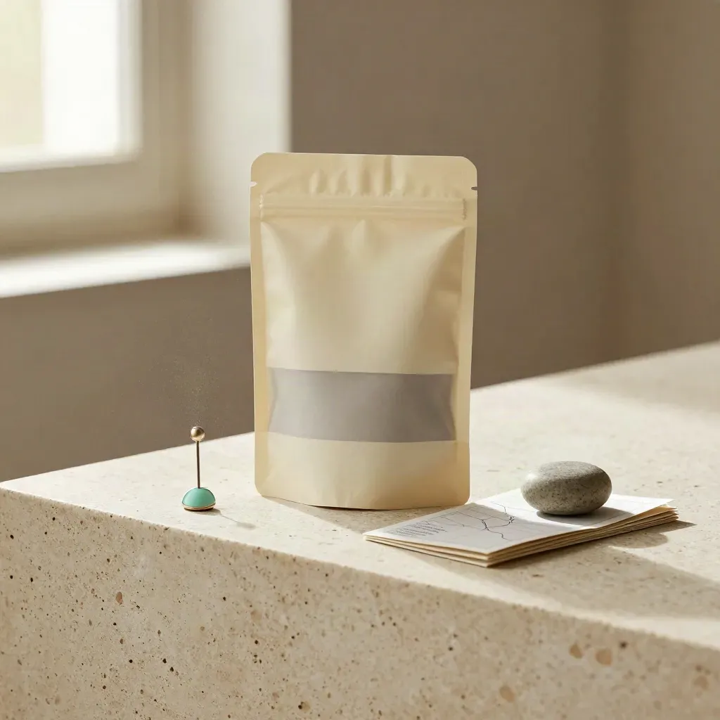SEO kit with cream packet, folded map-card, mint pins and stone paperweight on travertine.