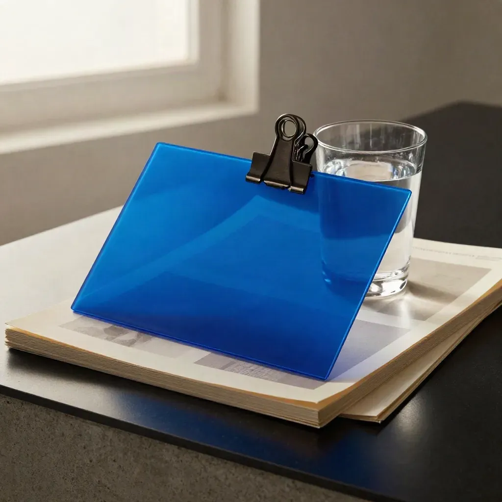 Blue acetate strategy bundle with clip and water on a dark studio surface