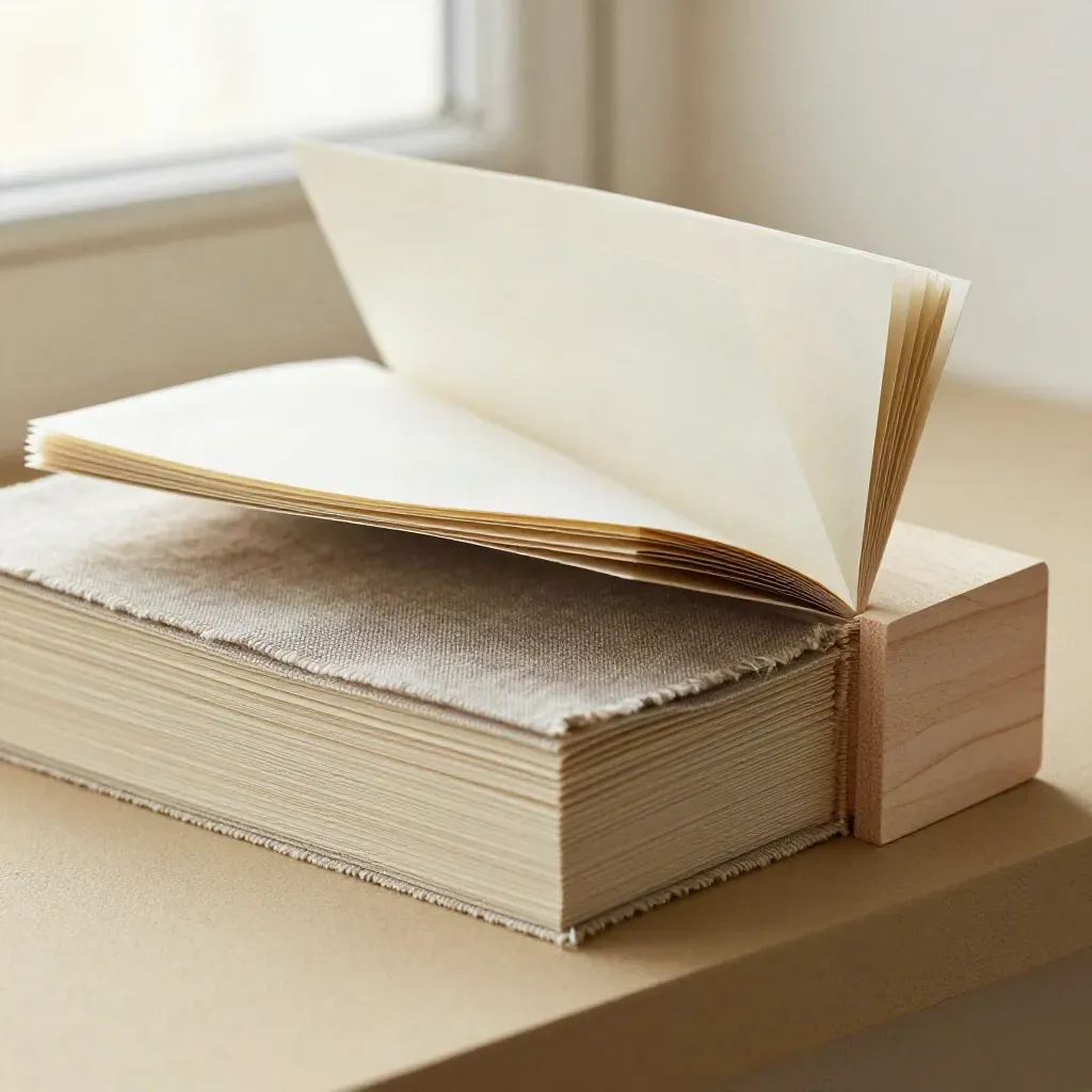 Folded topic cards with linen swatch and pale wood block in warm haze