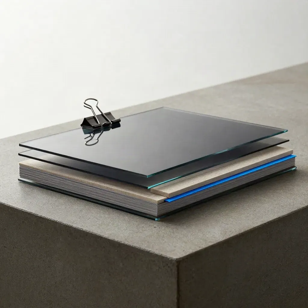 Translucent ads review bundle, graphite clip and smoked glass on concrete with blue accent.