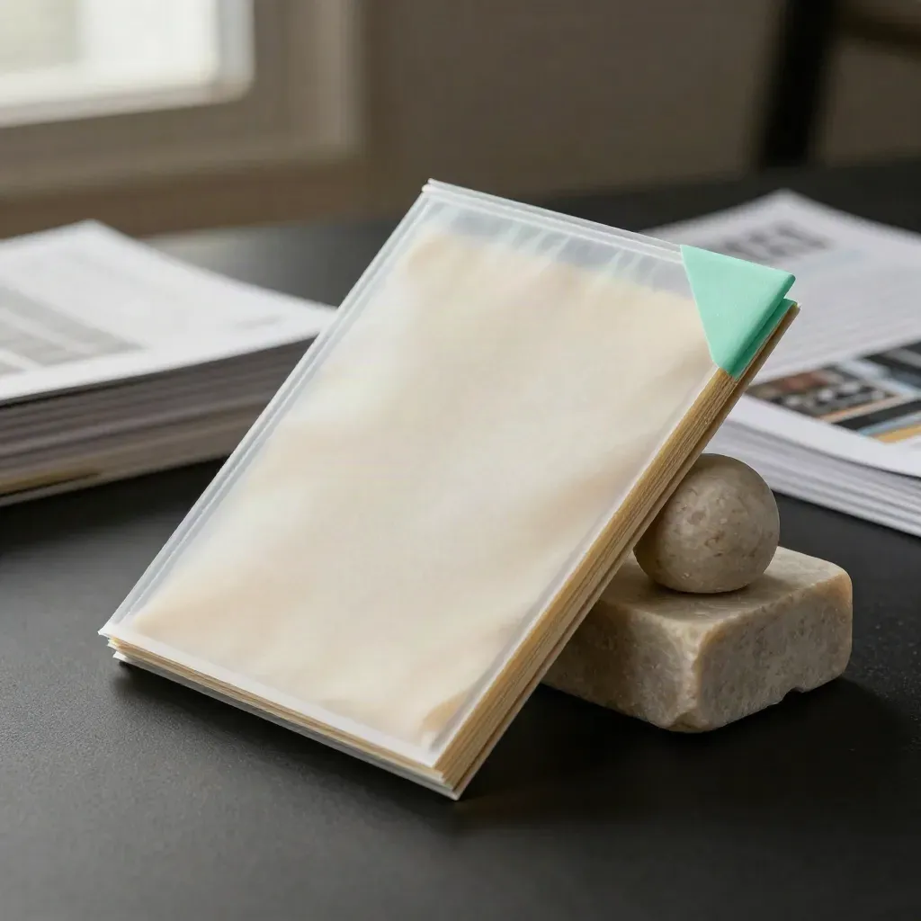 Compact bio-and-proof packet leaning on stone, lit dramatically on a black surface.
