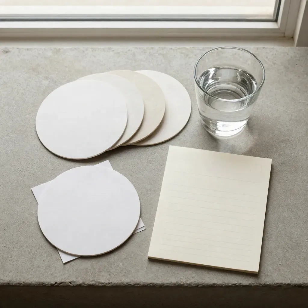Overhead flatlay of report discs, glass cup and folded notes on concrete with a cream card.