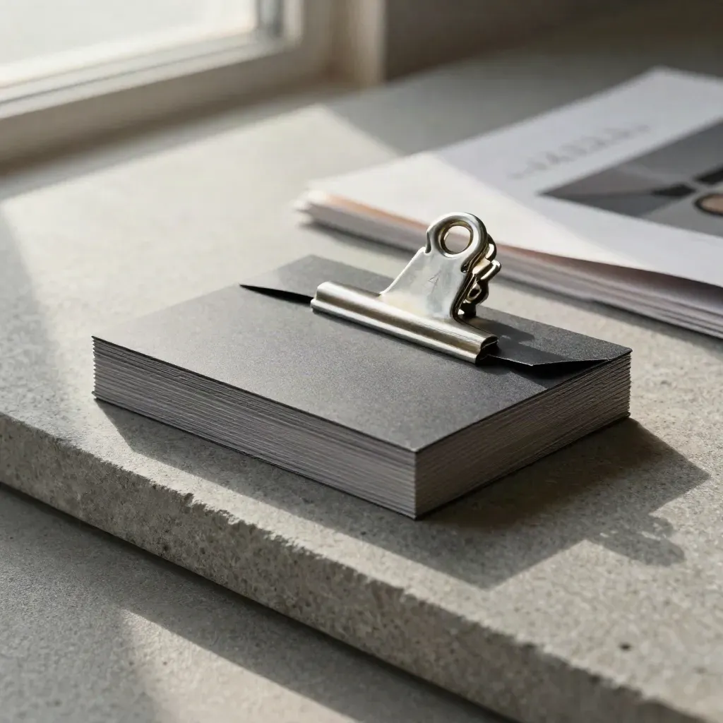 Macro of a card stack and metal clip resting on stone in soft window light.