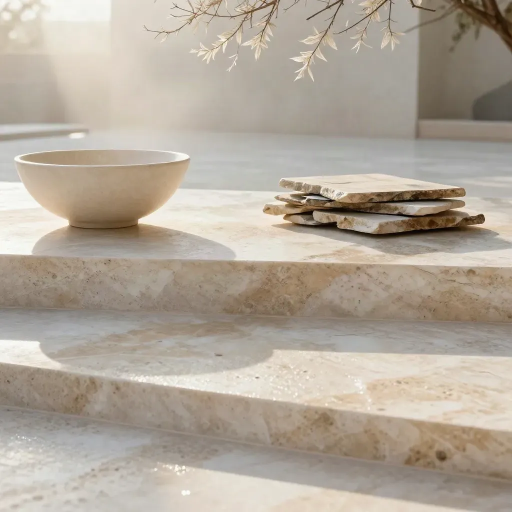 Sunlit travertine terrace with bowl, stacked stones and pale branches.