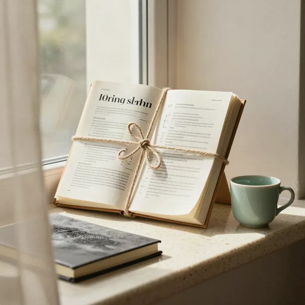 Twine-tied growth roadmap bundle, closed notebook and mint ceramic cup on a sunlit stone sill.