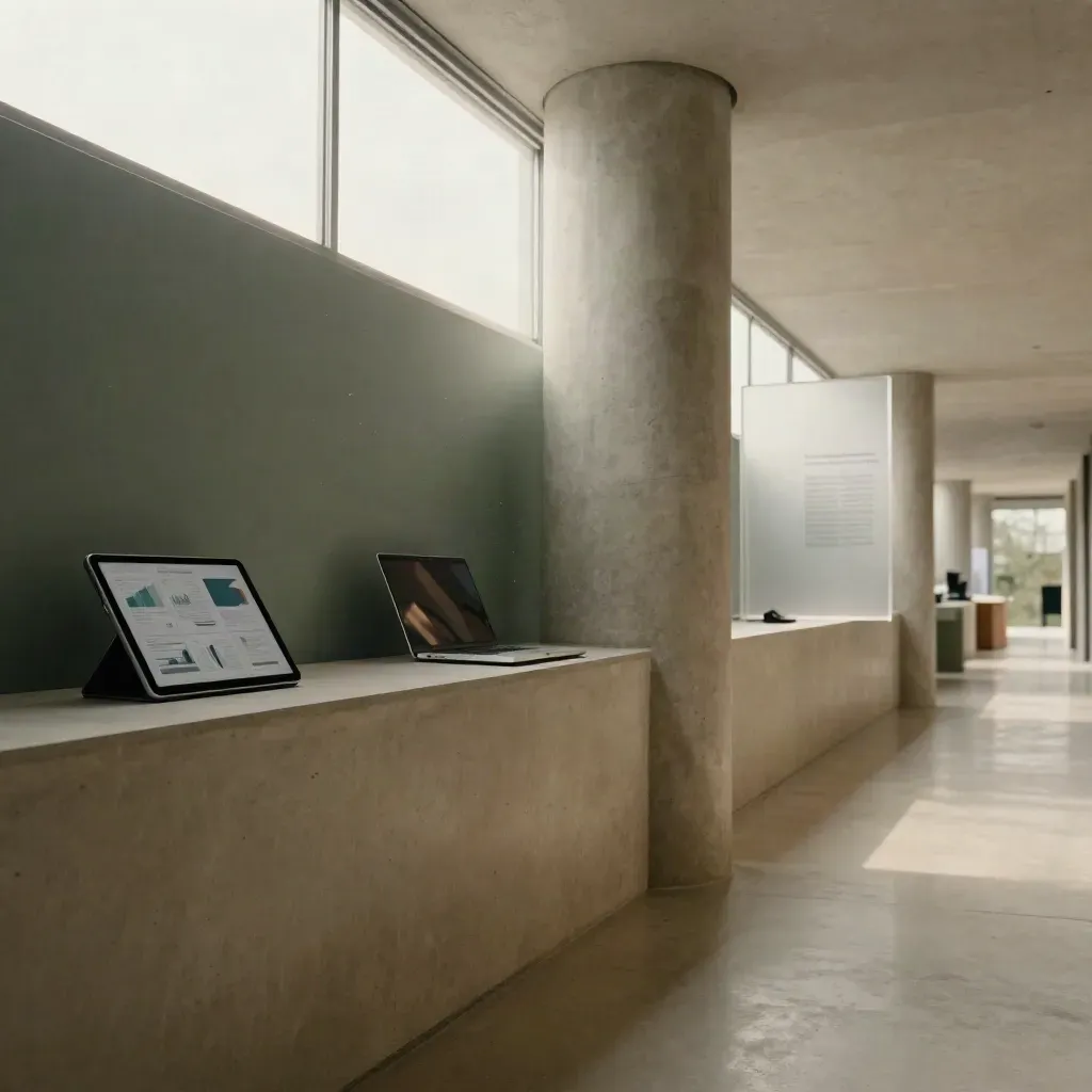 Sunlit gallery corridor with concrete floor, sculptural column, tablet and laptop high in frame.
